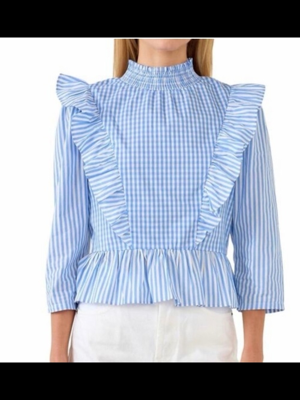English Factory Blue Gingham Ruffle Peplum Top